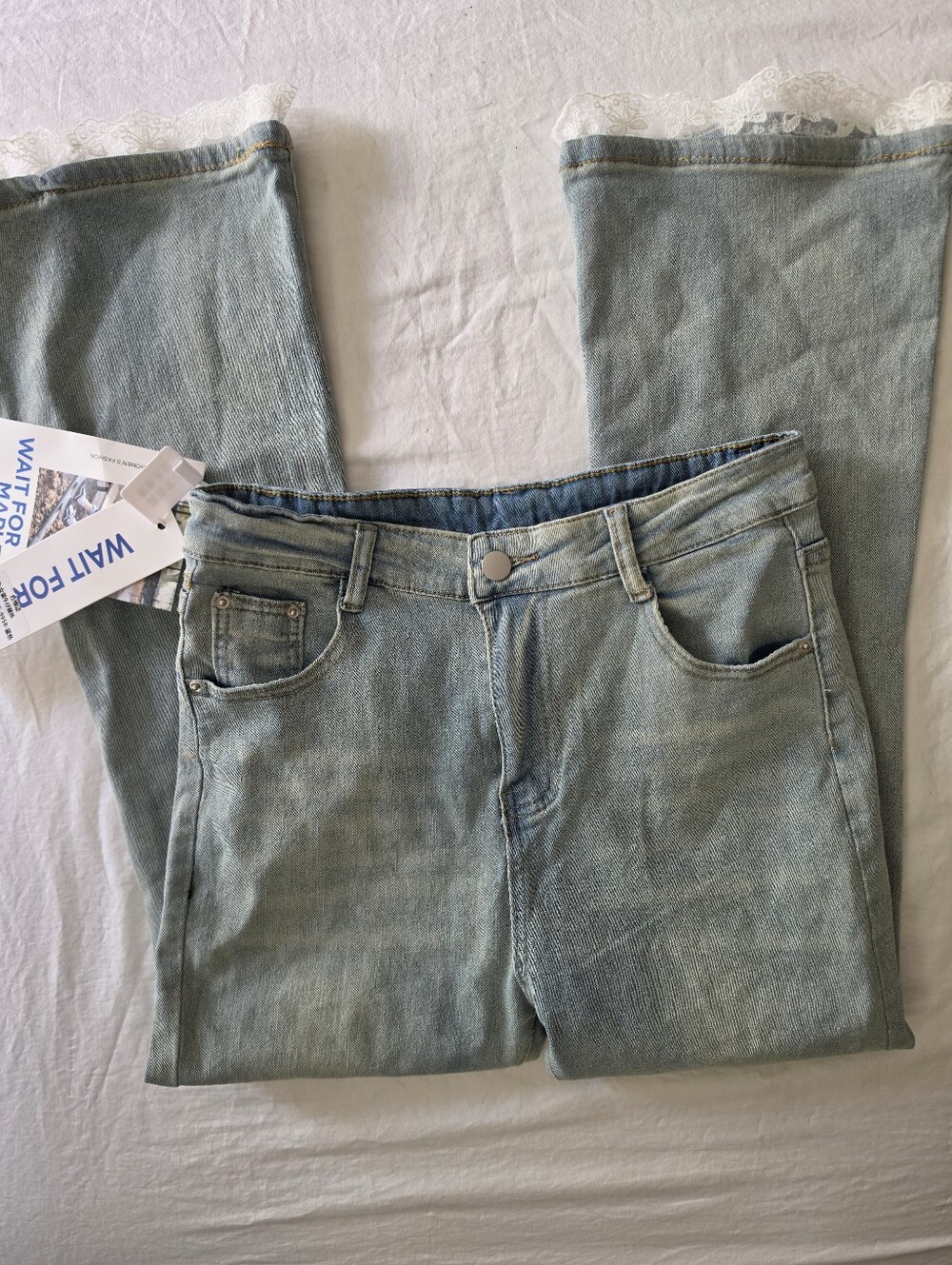 NWT Wait For Maple Lace Trim Flared Jeans Women's L Light Wash Denim Cottagecore
